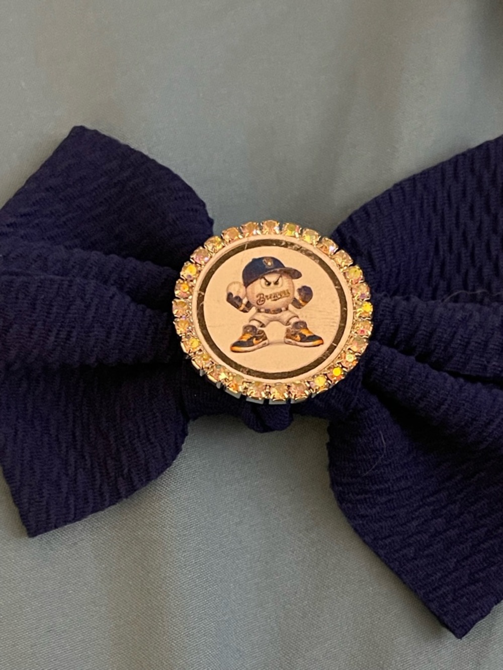 Navy Bow Hair Clip with Gemstone Center
